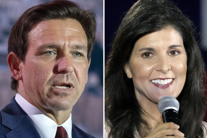 This combination of photos shows Republican presidential candidates, Florida Gov. Ron DeSantis, and former South Carolina UN Ambassador Nikki Haley. The intensifying rivalry between DeSantis and Haley has become a defining story line in the waning days of the campaign for Iowa's leadoff caucuses