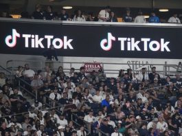 FILE - Fans sit under a TikTok ad at a baseball game at Yankee Stadium, April 14, 2023, in New York. President Joe Biden's campaign is embracing TikTok to court younger voters ahead of the U.S. presidential elections, but U.S. adults seem to be split about whether the video-sharing app should even operate in the country. (AP Photo/Frank Franklin II, File)