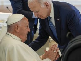 Pope Francis, left, greets U.S. President Joe Biden during a working session on AI, Energy, Africa and Mideast at the G7 summit, in Borgo Egnazia, near Bari in southern Italy, Friday, June 14, 2024. (AP Photo/Andrew Medichini)