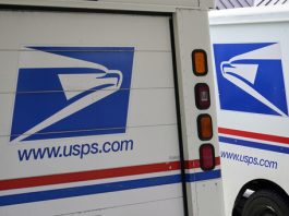 FILE - U.S. Postal Service delivery vehicles are parked outside a post office in Boys Town, Neb., Aug. 18, 2020. (AP Photo/Nati Harnik, File)