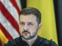 Ukrainian President Volodymyr Zelenskyy takes part in the Ukraine Contact Group meeting at Ramstein Air Base, Friday, Sept.6, 2024. (Andreas Arnold/dpa via AP)