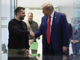 Republican presidential nominee former President Donald Trump meets with Ukraine's President Volodymyr Zelenskyy at Trump Tower, Friday, Sept. 27, 2024, in New York. (AP Photo/Julia Demaree Nikhinson)