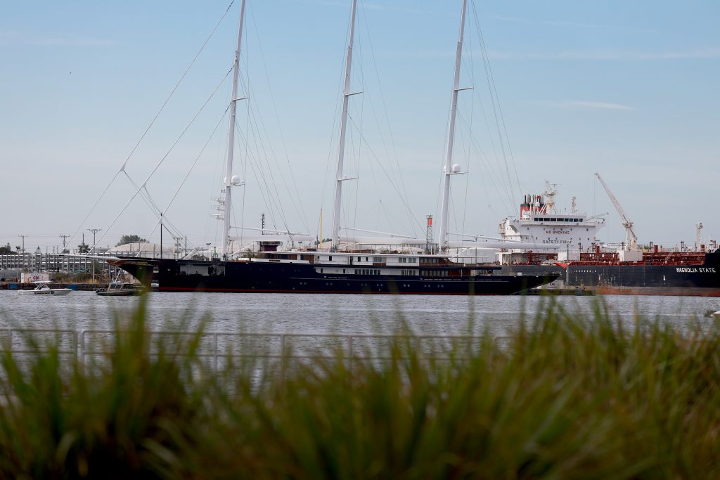 PORT EVERGLADES, FLORIDA - NOVEMBER 29: Jeff Bezos's yacht named Koru is seen docked at Port Everglades on November 29, 2023 in Port Everglades, Florida. The 417-foot boat is said to be the world’s largest sailing yacht. Bezos recently announced his plans to move from Seattle, Washington, to Miami. (Photo by Joe Raedle/Getty Images)