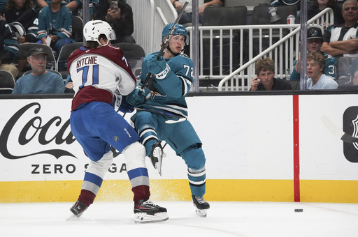 Colton nets a pair of goals, while Annunen stops 25 shots as Avalanche defeat winless Sharks 4-1.