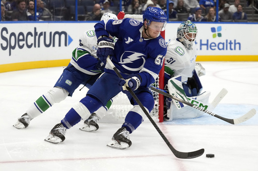 Kucherov scores his fourth goal this season as Lightning triumph 4-1 over Canucks in home opener postponed by Milton.