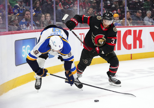 Senators overpower Blues 8-1 with Tkachuk, Stützle, and Gaudette each netting two goals.