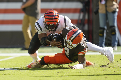 Browns quarterback Deshaun Watson taken off the field on a cart due to a right leg injury during the second quarter against the Bengals.