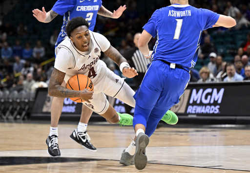 No. 20 Texas A&M defeats No. 21 Creighton 77-73, dealing Bluejays their third consecutive defeat.