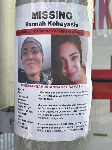 Volunteers participate in the search for a Hawaii woman missing in LA for weeks following the discovery of her father’s body.