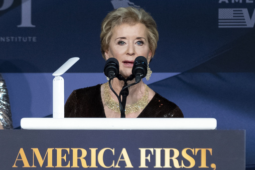 FILE - Linda McMahon speaks during an America First Policy Institute gala at his Mar-a-Lago estate, Nov. 14, 2024, in Palm Beach, Fla. (AP Photo/Alex Brandon, File)