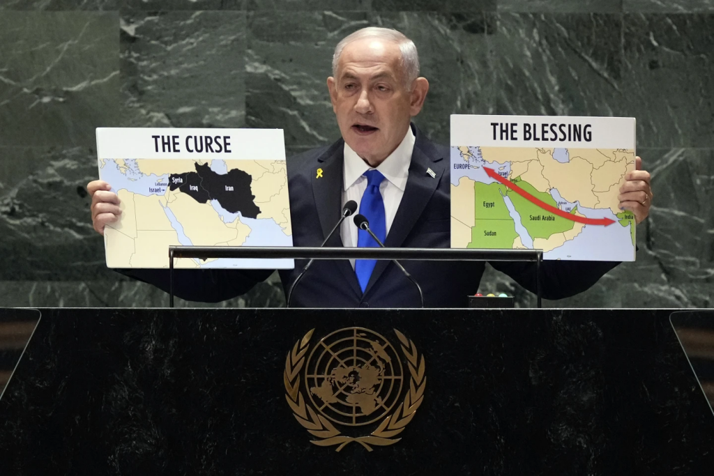 Israel Prime Minister Benjamin Netanyahu addresses the 79th session of the United Nations General Assembly, Friday, Sept. 27, 2024 (AP Photo/Richard Drew)