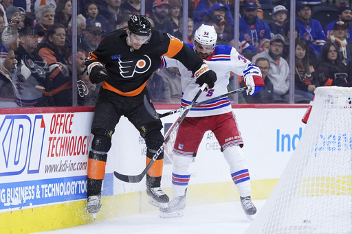 Travis Konecny nets a pair in Philadelphia’s 3-1 victory against the Rangers.