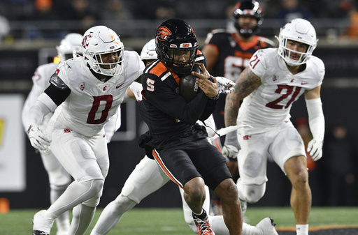 Oregon State secures Pac-12 ‘championship’ while ending five-game losing streak with a 41-38 victory over No. 25 Washington State.