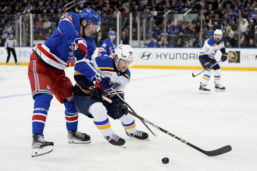 Bolduc nets two goals in Blues’ 5-2 victory over Rangers in Jim Montgomery’s first game in charge.