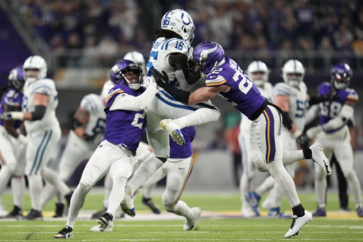 Sam Darnold throws three touchdown passes as Vikings secure a 21-13 victory over Joe Flacco and the Colts.