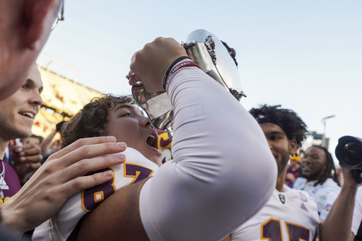 After rivalry victories, college football players clash following penalty flags.