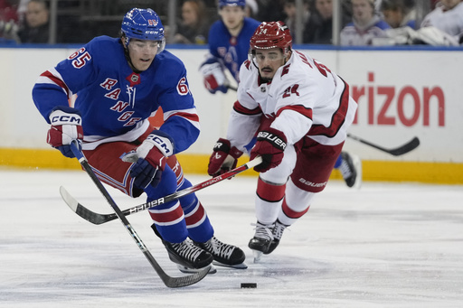 Pyotr Kochetkov records two assists and saves 22 shots as the Hurricanes defeat the Rangers 3-1.