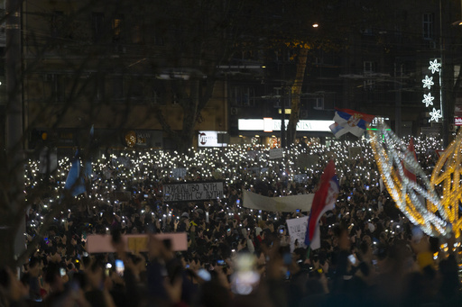 Crowds gather in Belgrade square to demonstrate against Serbia’s populist government