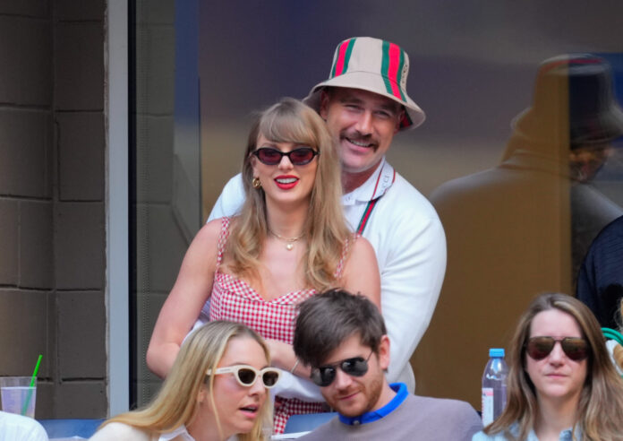 NEW YORK, NEW YORK - SEPTEMBER 08: Taylor Swift and Travis Kelce are seen during the 2024 US Open Tennis Championships on September 08, 2024 in New York City. (Photo by Gotham/GC Images)