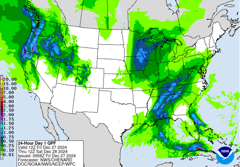 A precipitation forecast from the Weather Prediction Center shows heavy rain and snow is expected across the Northwest as well as several south-central and southeastern states on Friday, Dec. 27, 2024.
© Weather Prediction Center