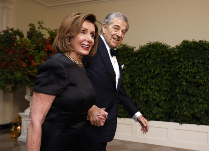 WASHINGTON, DC - JUNE 22: U.S. Rep. Nancy Pelosi (D-CA) and her husband Paul Pelosi (R) arrive at the White House on June 22, 2023 in Washington, DC. President Joe Biden and first lady Jill Biden are hosting a state dinner for Indian Prime Minister Narendra Modi as part of his official state visit. (Photo by Tasos Katopodis/Getty Images)