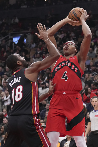 Barrett nets 37 points, while Barnes contributes 23 points and 10 rebounds in Raptors’ 119-116 victory over Heat.