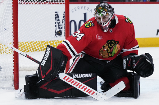 Blackhawks goalie Petr Mrazek anticipated to practice on Monday as he recovers from a groin injury