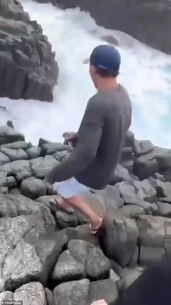 Frantic locals trying to rescue Merlin, seen in the video desperately clinging onto a boulder as the churning waters battered her

