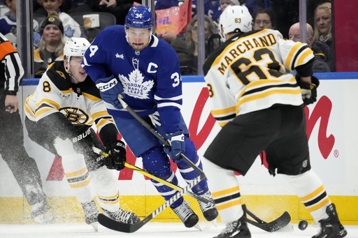 Knies records 3 goals and 2 assists, while Marner contributes 1 goal and 4 assists in Maple Leafs’ 6-4 victory over Bruins.