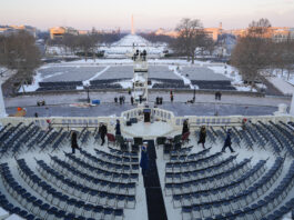 FILE -= Members of the U.S. military on stage during the rehearsal at the U.S. Capitol ahead of President-elect Donald Trump's upcoming inauguration, Jan. 12, 2025, in Washington.(AP Photo/Pablo Martinez Monsivais, File)