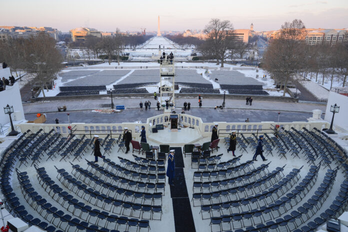 FILE -= Members of the U.S. military on stage during the rehearsal at the U.S. Capitol ahead of President-elect Donald Trump's upcoming inauguration, Jan. 12, 2025, in Washington.(AP Photo/Pablo Martinez Monsivais, File)