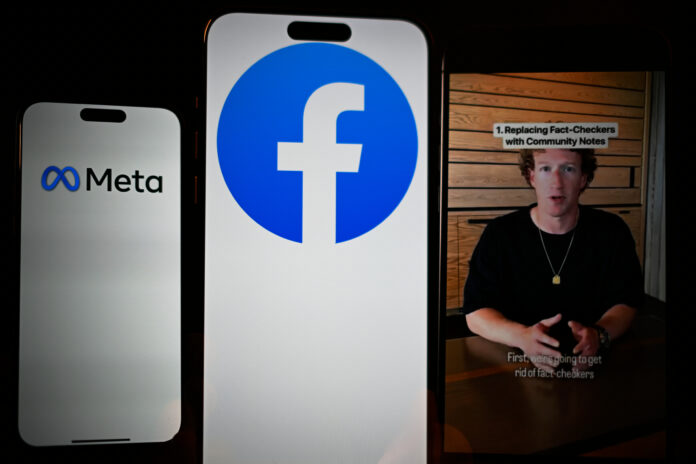 The Meta and Facebook logos are seen along a video by Mark Zuckerberg in this illustration photo taken in Warsaw, Poland on 09 January, 2025. (Photo by Jaap Arriens/NurPhoto via Getty Images)