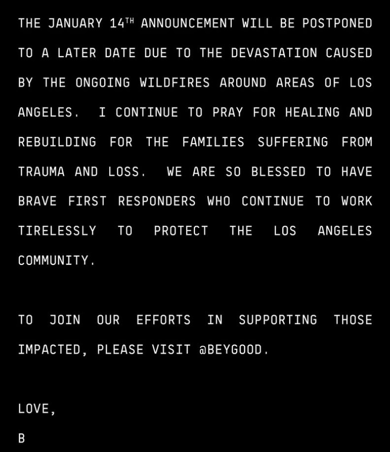 Beyoncé delays her January 14 announcement due to L.A. fires, expressing support for victims and first responders (Photo: Instagram)