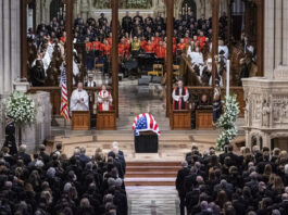 The casket of former President Jimmy Carter is pictured during a state funeral at the National Cathedral, Thursday, Jan. 9, 2025, in Washington. (Haiyun Jiang/The New York Times via AP, Pool)