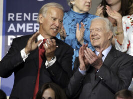 FILE - Former President Jimmy Carter and Sen. Joe Biden, D-Del., at the Democratic National Convention in Denver, Aug. 26, 2008. (AP Photo/Paul Sancya, File)