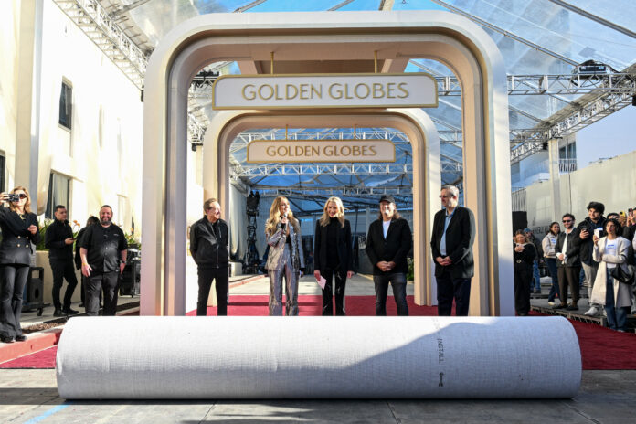 Barry Adelman, Nikki Glaser, Helen Hoehne, Glenn Weiss, Ricky Kirshner at 82nd Annual Golden Globes Red Carpet Rollout at The Beverly Hilton on January 02, 2025 in Beverly Hills, California. (Photo by Michael Buckner/Penske Media via Getty Images)