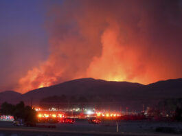 Fire Crews stage under the Hughes Fire Wednesday, Jan. 22, 2025, in Castaic, Calif. (AP Photo/Marcio Jose Sanchez)