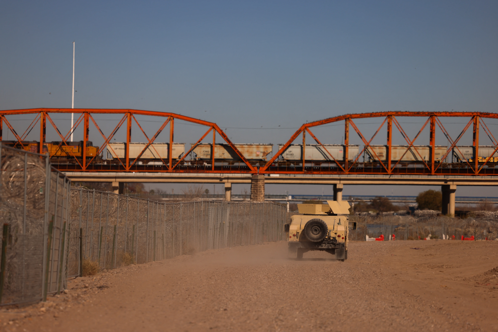 A US Army armored vehicle patrols the US-Mexico border in Eagle Pass, Texas, on January 24, 2025.
AFP via Getty Images