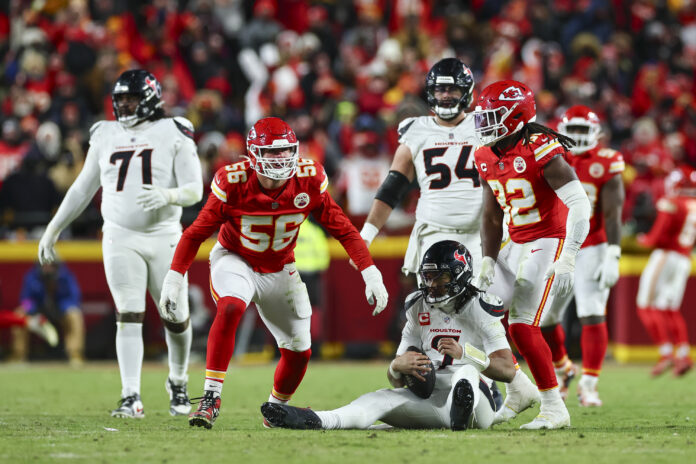 KANSAS CITY, MISSOURI - JANUARY 18: George Karlaftis #56 of the Kansas City Chiefs celebrates after sacking C.J. Stroud #7 of the Houston Texans during the second half of the AFC Divisional playoff game at GEHA Field at Arrowhead Stadium on January 18, 2025 in Kansas City, Missouri. (Photo by Aaron M. Sprecher/Getty Images)