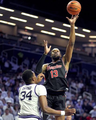 No. 12 Houston dominates Kansas State 87-57 with two strong first-half surges, securing their eighth consecutive win.