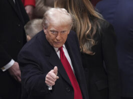 President Donald Trump gives a thumbs up at the national prayer service at the Washington National Cathedral, Tuesday, Jan. 21, 2025, in Washington. (AP Photo/Evan Vucci)