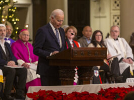 NEW ORLEANS, UNITED STATES - JANUARY 06: US President Joe Biden attends a commemoration ceremony for New Orleans terror attack victims at St. Louis Cathedral in the French Quarter, New Orleans, USA, on January 6, 2025. (Photo by Patrick O'niell Little Jr/Anadolu via Getty Images)