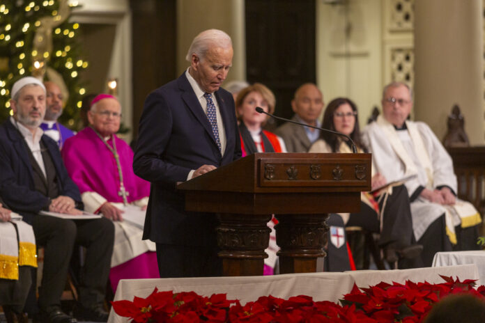 NEW ORLEANS, UNITED STATES - JANUARY 06: US President Joe Biden attends a commemoration ceremony for New Orleans terror attack victims at St. Louis Cathedral in the French Quarter, New Orleans, USA, on January 6, 2025. (Photo by Patrick O'niell Little Jr/Anadolu via Getty Images)