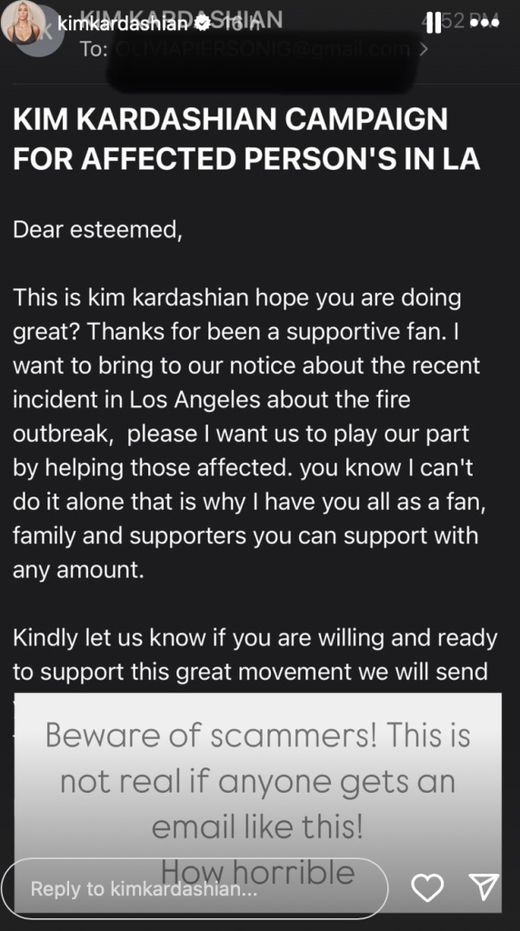 Kim Kardashian warns followers about fraudulent fundraising emails featuring her name. (Photo: Kim Kardashian Instagram)