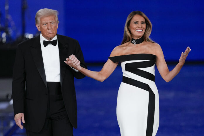 President Donald Trump and first lady Melania Trump at the Liberty Ball during the 60th Presidential Inauguration, Monday, Jan. 20, 2025, at the Washington Convention Center in Washington. (AP Photo/Julia Demaree Nikhinson)