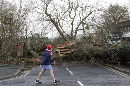 Severe storm hits Ireland and Scotland, causing hurricane-strength winds to disrupt power and cancel flights.