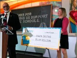 California Lottery Director Alva Johnson announces that Edwin Castro won November’s record-high $2.04 billion PowerBall jackpot on Feb. 14, 2023, in Sacramento. (Adam Beam/Associated Press)