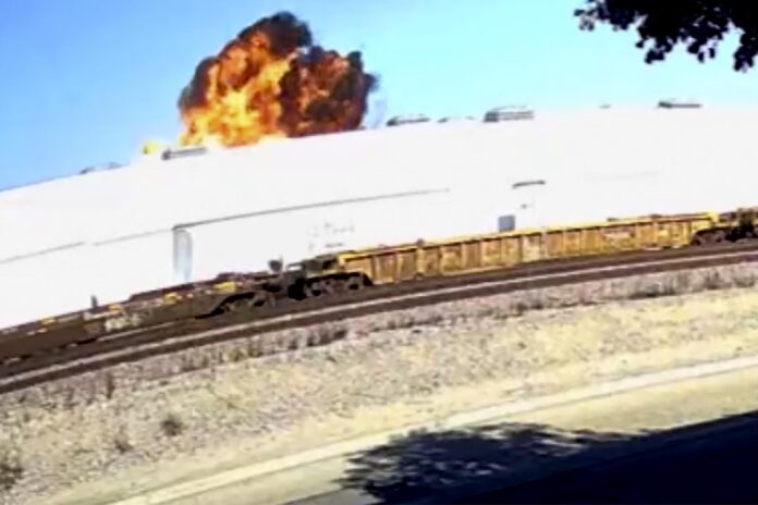 This image taken from video, shows an explosive fire as a small plane crashes into a commercial building in Fullerton, Calif. on Thursday, Jan. 2, 2025. (RUCCI FORGED via AP)