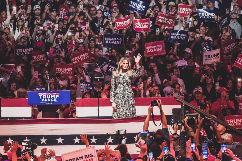 Melania Trump waves at a rally for former US President and presidential candidate Donald Trump October 27, 2024 at Madison Square Garden in New York, New York. (Photo by Sacha Lecca/Rolling Stone via Getty Images)