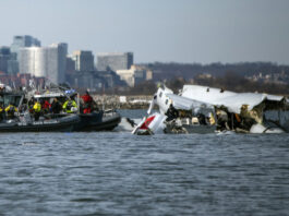 In this image provided by the U.S. Coast Guard, wreckage is seen in the Potomac River near Ronald Reagan Washington National Airport, Thursday, Jan. 30, 2025 in Washington. (Petty Officer 2nd Class Taylor Bacon, U.S. Coast Guard via AP)